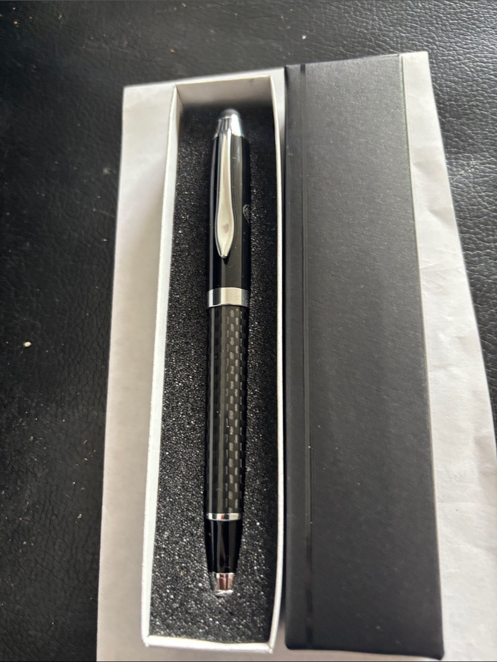 Black Carbon Fiber Ballpoint Pen with Silver Accents - Picture 7 of 7